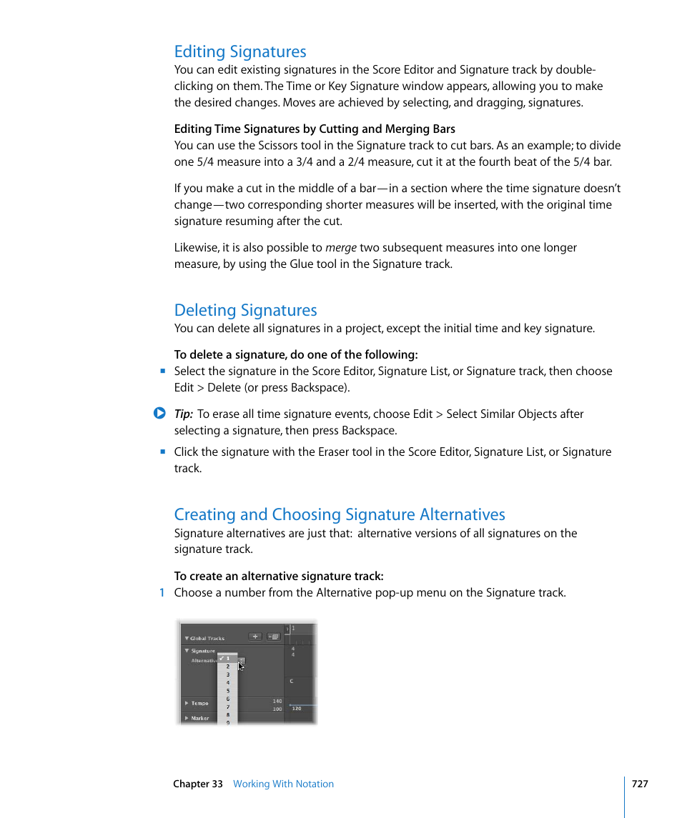 Editing signatures, Deleting signatures, Creating and choosing signature alternatives | Apple Logic Pro 8 User Manual | Page 727 / 1030