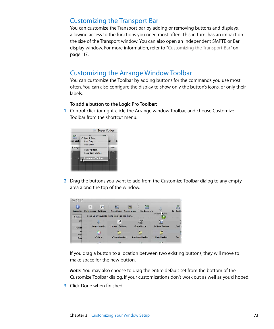 Customizing the transport bar, Customizing the arrange window toolbar, Customizing the transport | Apple Logic Pro 8 User Manual | Page 73 / 1030