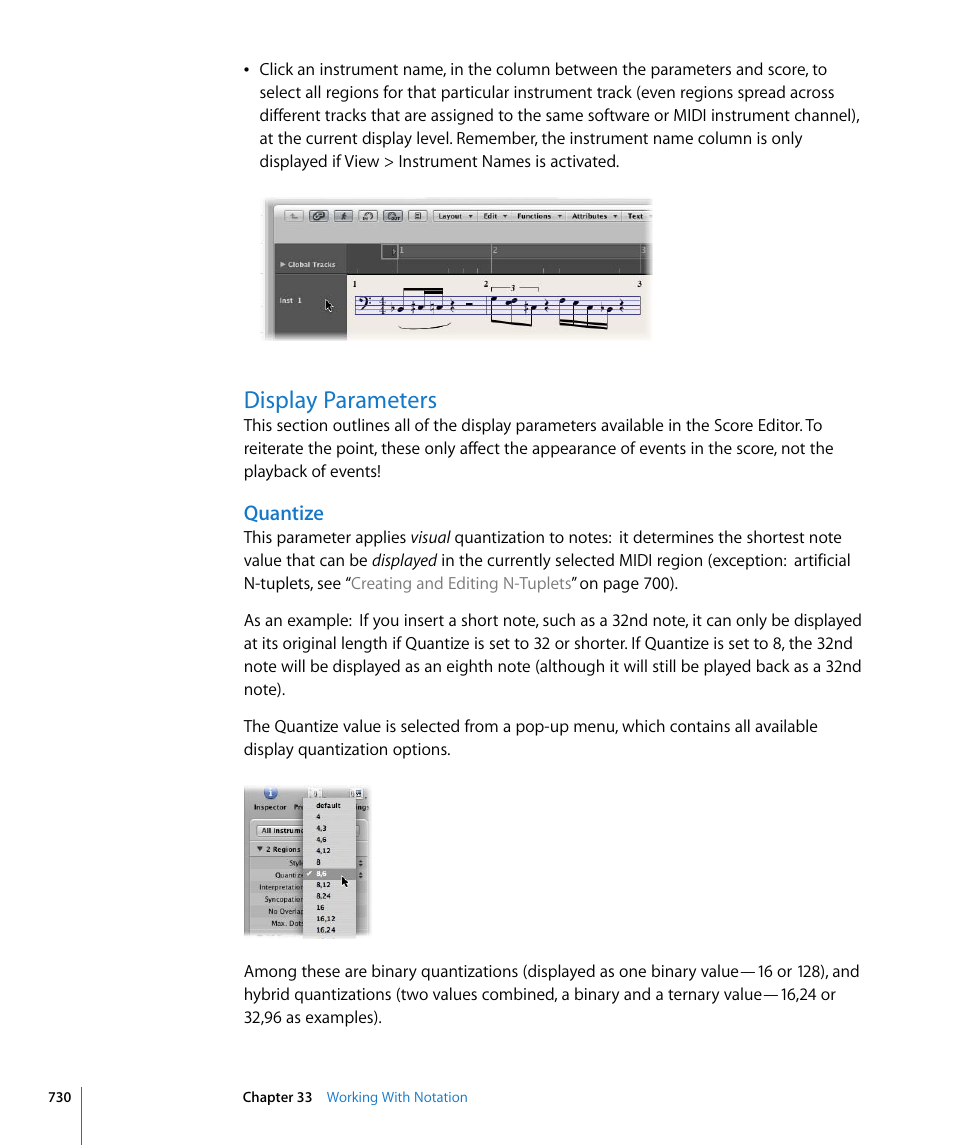 Display parameters, Quantize, T (see | E setting (see | Apple Logic Pro 8 User Manual | Page 730 / 1030