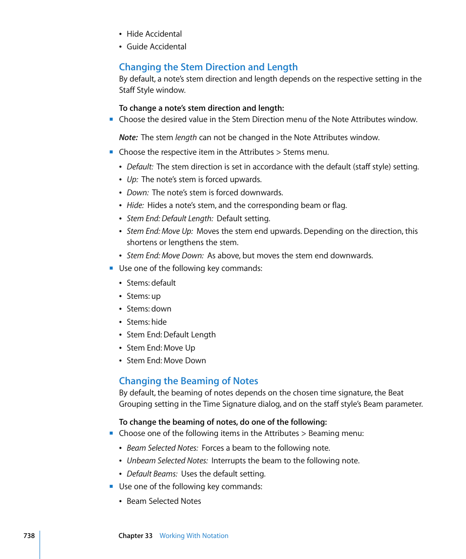 Changing the stem direction and length, Changing the beaming of notes | Apple Logic Pro 8 User Manual | Page 738 / 1030