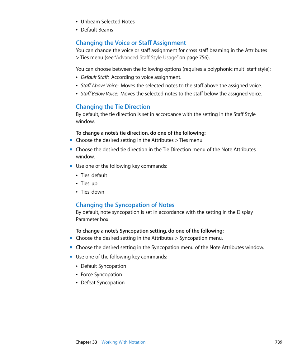 Changing the voice or staff assignment, Changing the tie direction, Changing the syncopation of notes | Apple Logic Pro 8 User Manual | Page 739 / 1030