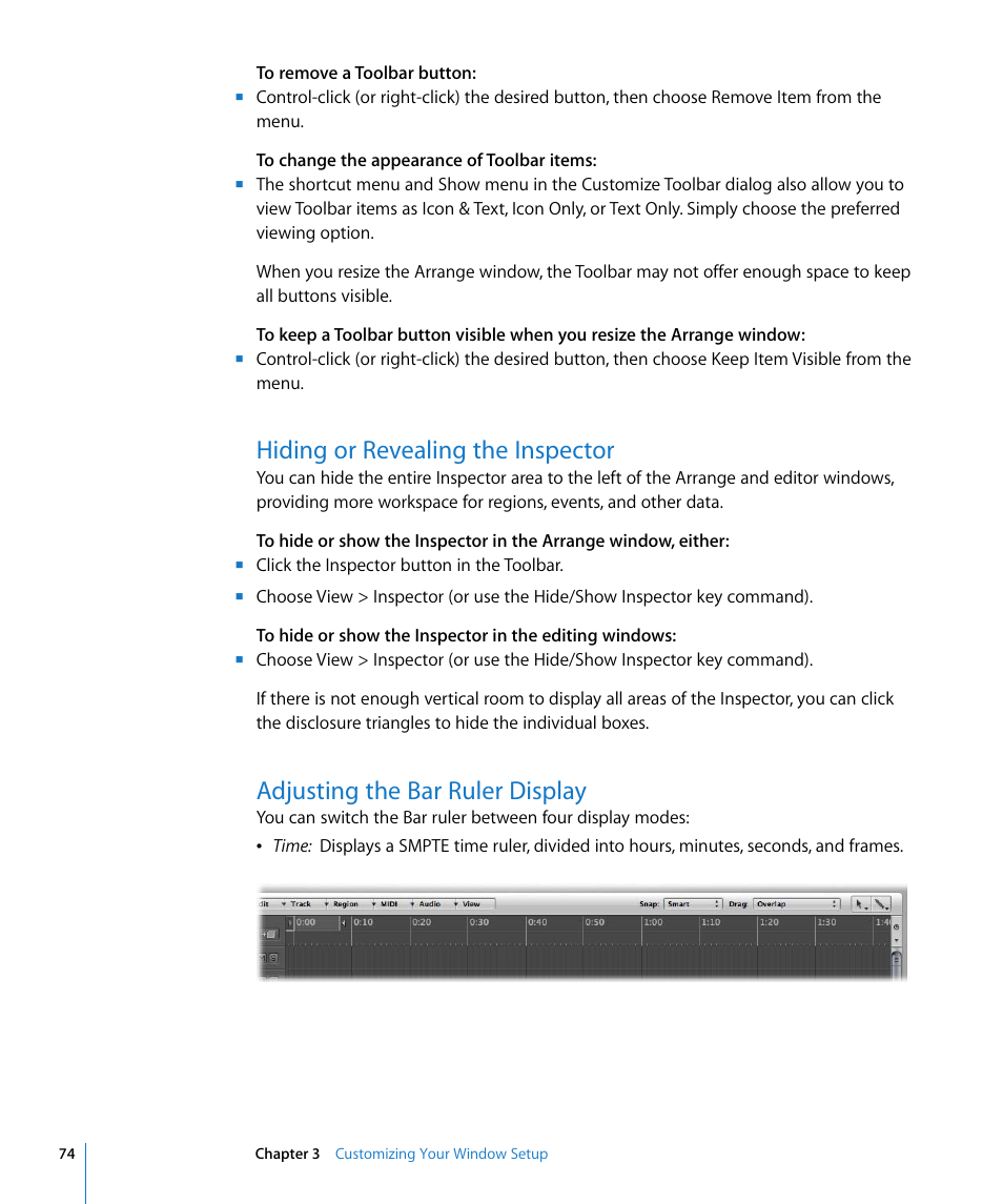 Hiding or revealing the inspector, Adjusting the bar ruler display | Apple Logic Pro 8 User Manual | Page 74 / 1030