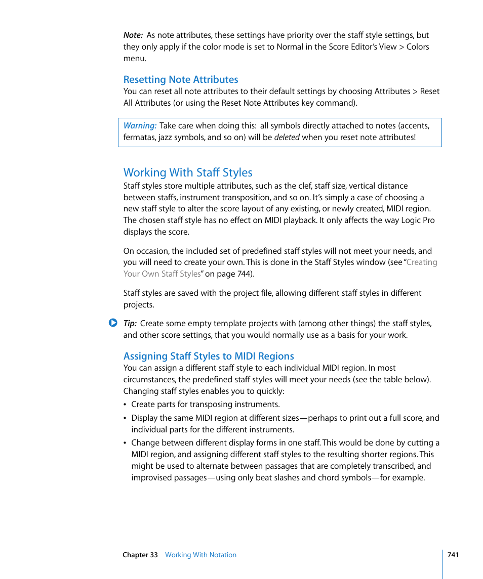Resetting note attributes, Working with staff styles, Assigning staff styles to midi regions | Wn (see, Yle (see | Apple Logic Pro 8 User Manual | Page 741 / 1030