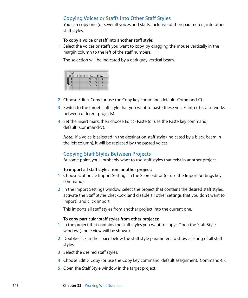 Copying voices or staffs into other staff styles, Copying staff styles between projects | Apple Logic Pro 8 User Manual | Page 748 / 1030