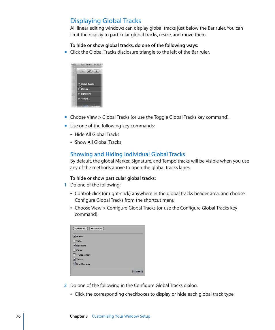 Displaying global tracks, Showing and hiding individual global tracks | Apple Logic Pro 8 User Manual | Page 76 / 1030
