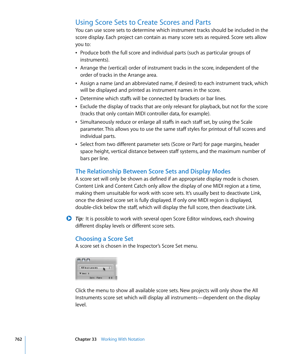 Using score sets to create scores and parts, Choosing a score set, Ou wish (see | Er (see | Apple Logic Pro 8 User Manual | Page 762 / 1030