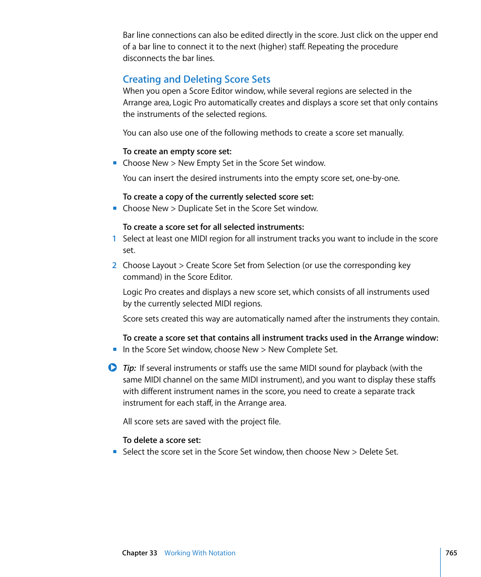 Creating and deleting score sets | Apple Logic Pro 8 User Manual | Page 765 / 1030