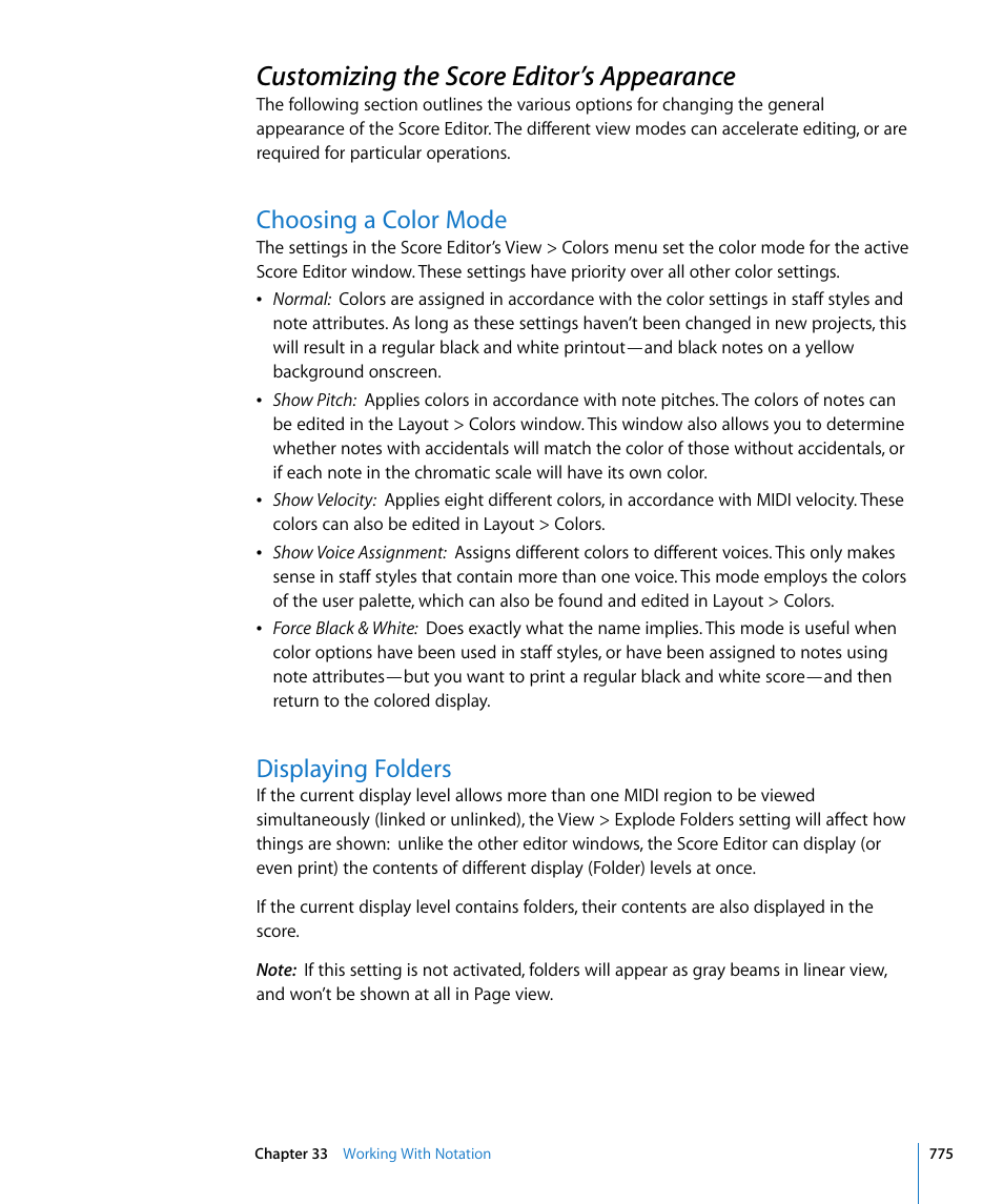 Customizing the score editor’s appearance, Choosing a color mode, Displaying folders | Ound in, Customizing the, Score editor’s appearance | Apple Logic Pro 8 User Manual | Page 775 / 1030