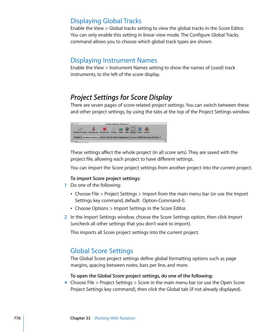 Displaying global tracks, Displaying instrument names, Project settings for score display | Global score settings, W (see, E discussed in, Ull details on all, Project settings for score, Display, T settings (see | Apple Logic Pro 8 User Manual | Page 776 / 1030
