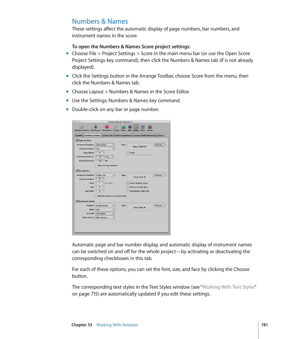 Numbers & names, T settings (see, Numbers | Names | Apple Logic Pro 8 User Manual | Page 781 / 1030