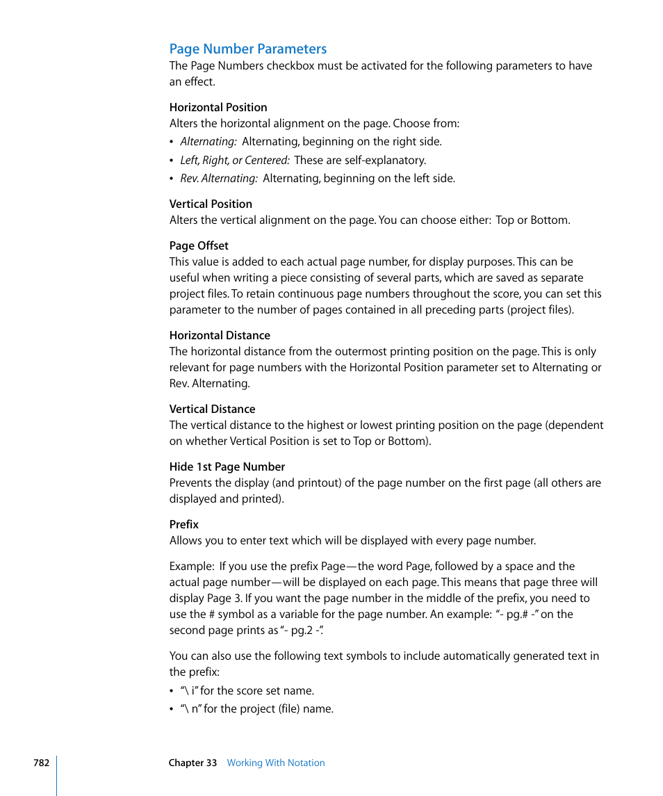 Page number parameters | Apple Logic Pro 8 User Manual | Page 782 / 1030