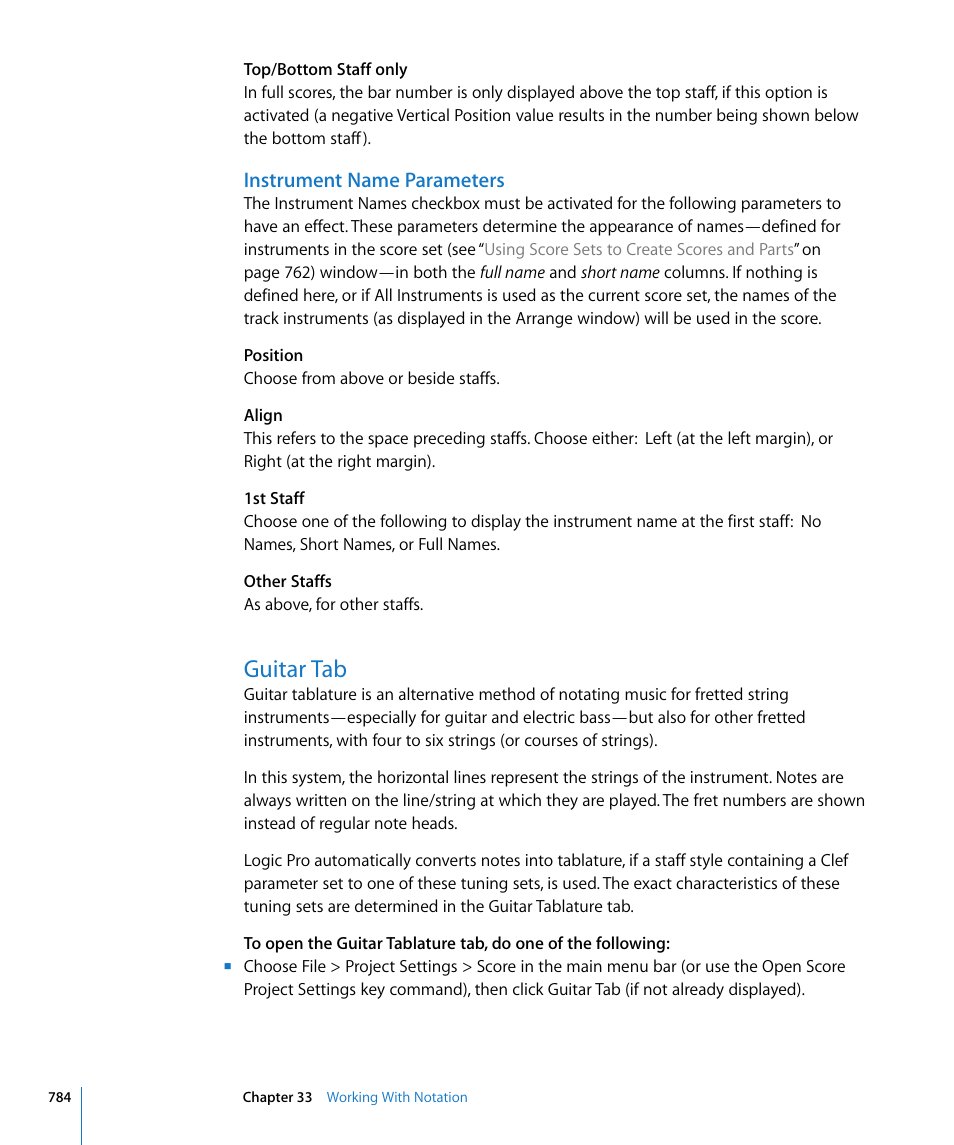 Instrument name parameters, Guitar tab, E (see | Apple Logic Pro 8 User Manual | Page 784 / 1030