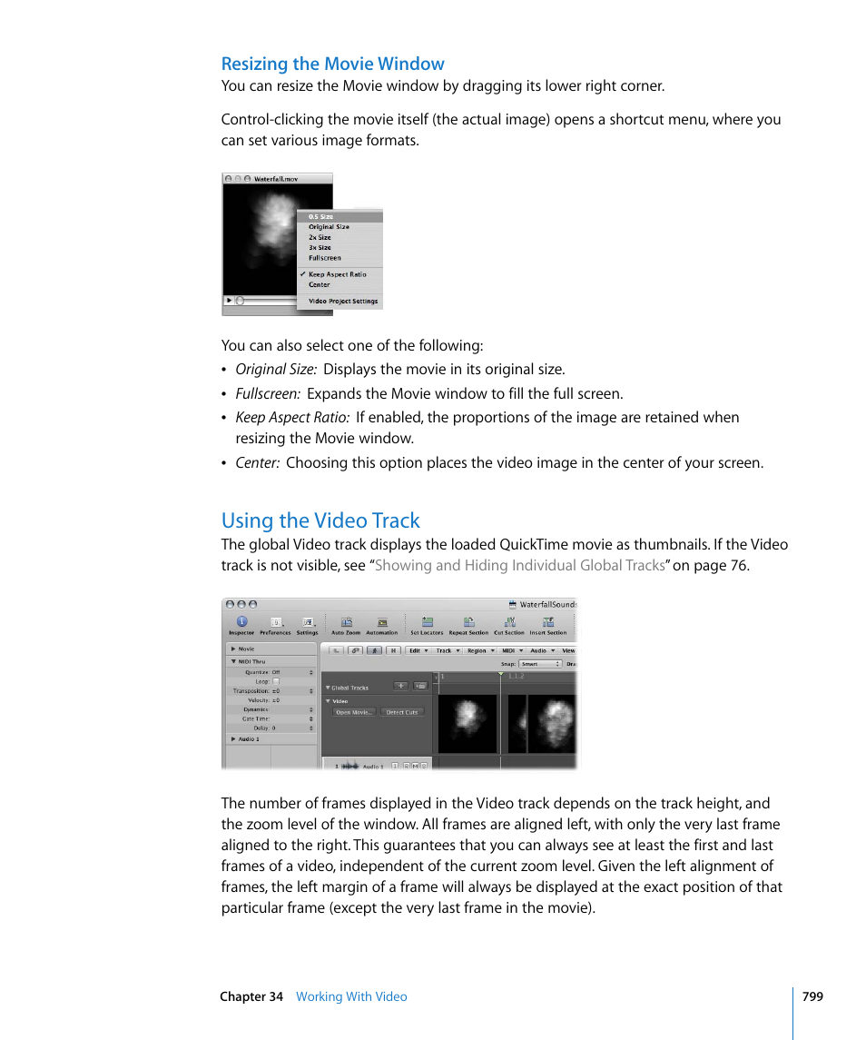 Resizing the movie window, Using the video track | Apple Logic Pro 8 User Manual | Page 799 / 1030