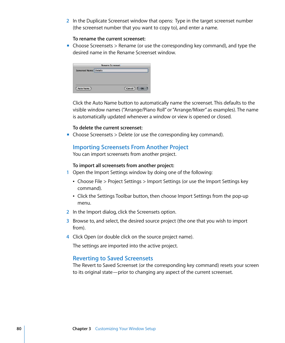 Importing screensets from another project, Reverting to saved screensets | Apple Logic Pro 8 User Manual | Page 80 / 1030