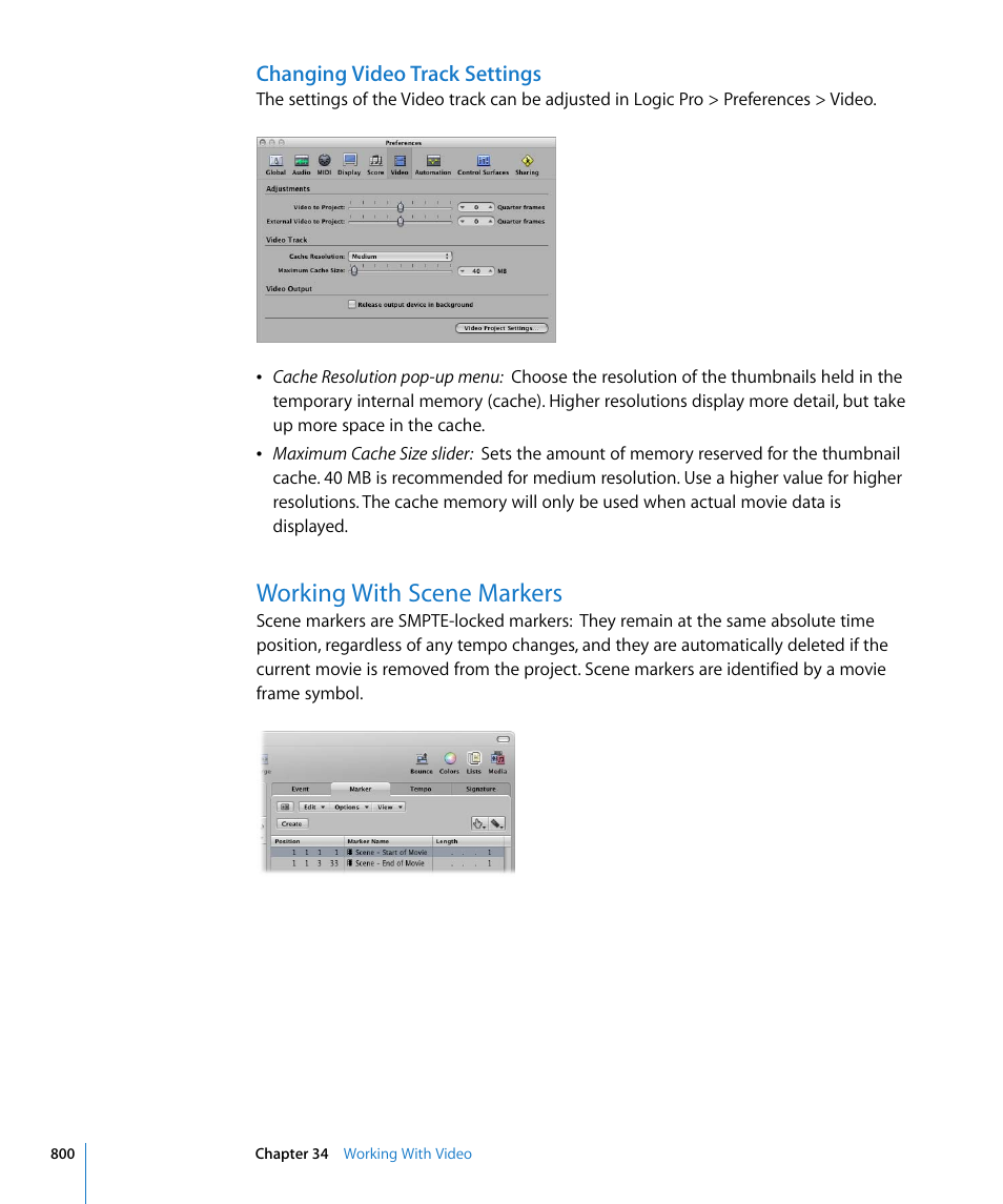 Changing video track settings, Working with scene markers, Ers (see | Working with, Scene markers | Apple Logic Pro 8 User Manual | Page 800 / 1030
