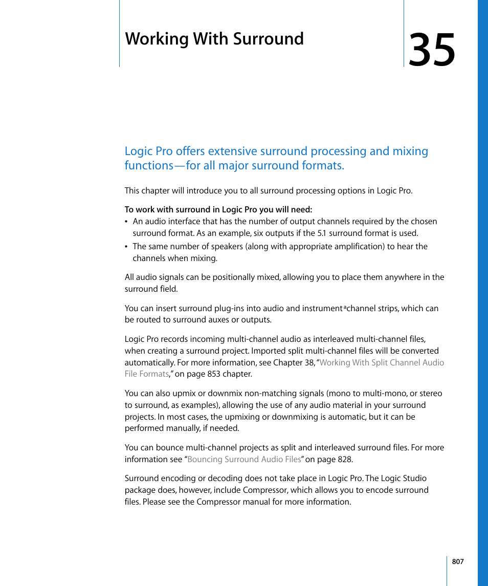 Working with surround, Chapter 35, Ound in chapter 35 | Working with, Surround | Apple Logic Pro 8 User Manual | Page 807 / 1030