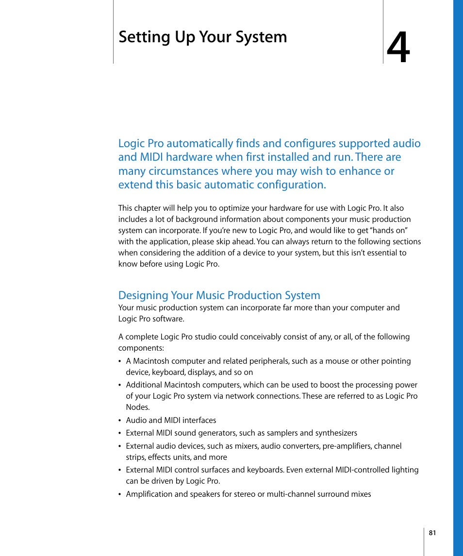 Setting up your system, Designing your music production system, Chapter 4 | Apple Logic Pro 8 User Manual | Page 81 / 1030