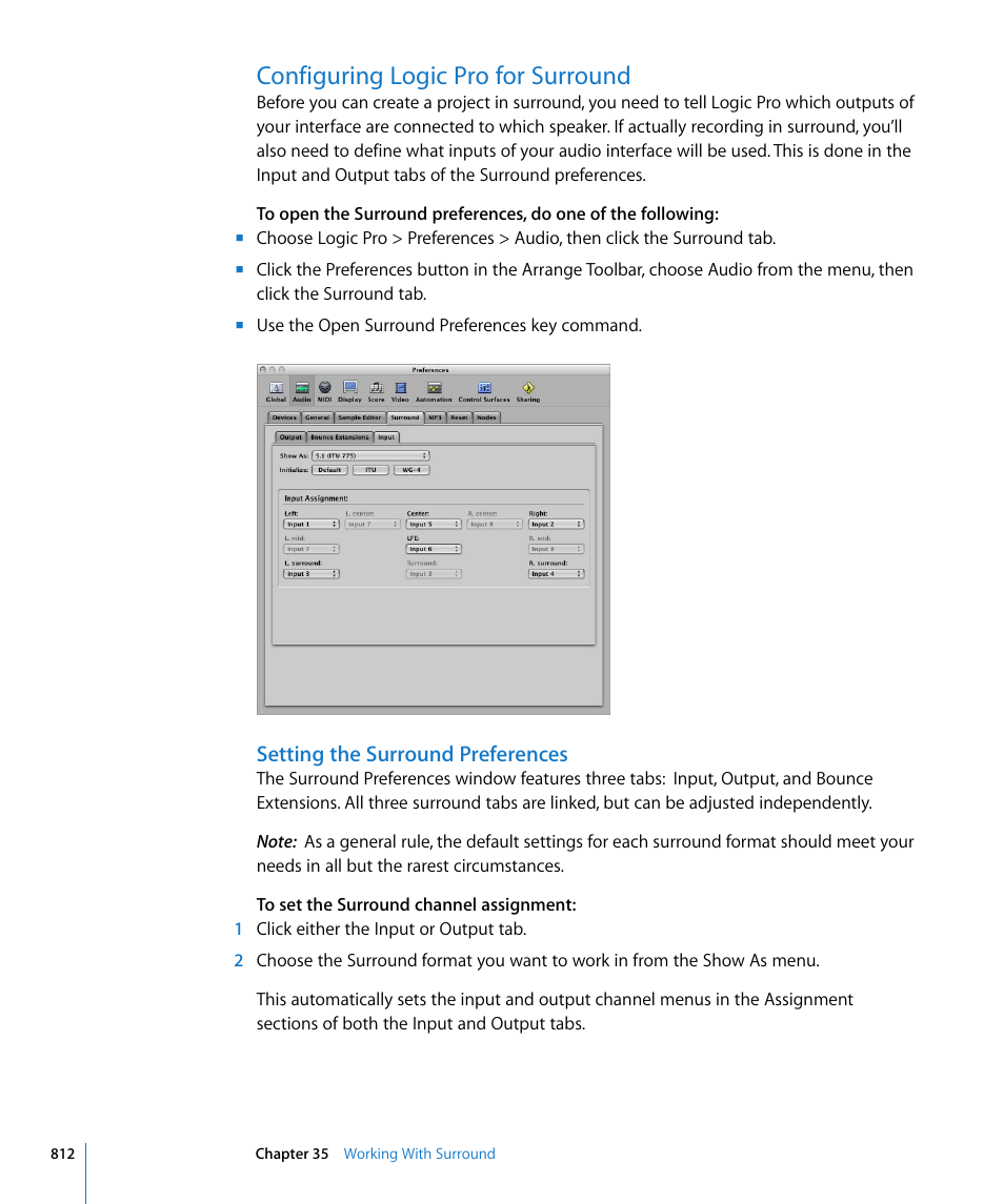Configuring logic pro for surround, Setting the surround preferences | Apple Logic Pro 8 User Manual | Page 812 / 1030
