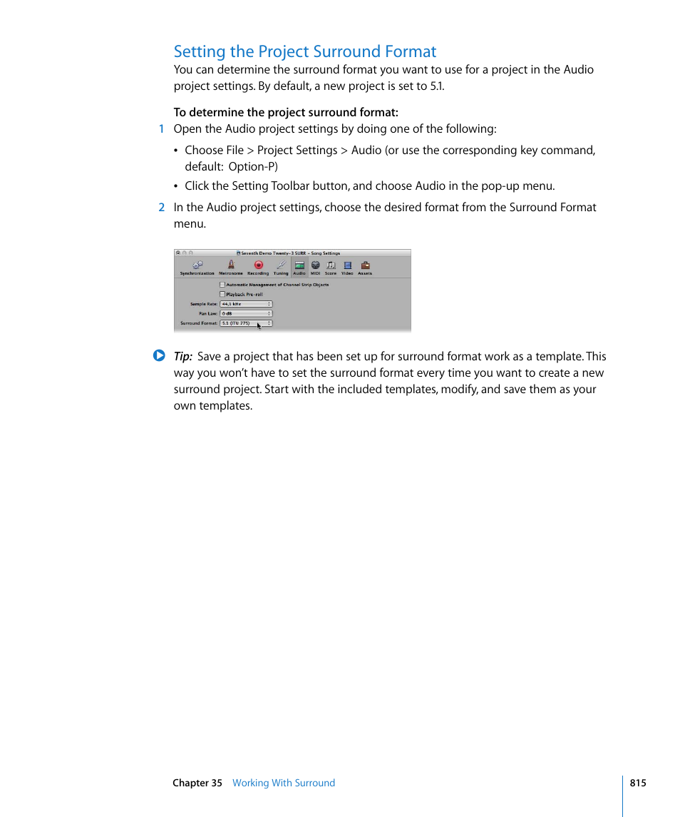 Setting the project surround format, T setting (see, Setting the project surround | Format | Apple Logic Pro 8 User Manual | Page 815 / 1030