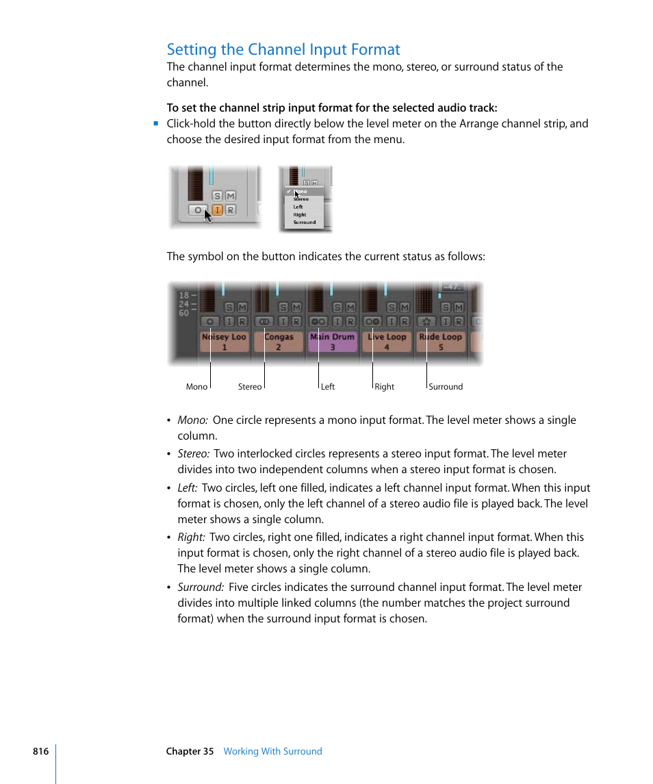 Setting the channel input format | Apple Logic Pro 8 User Manual | Page 816 / 1030