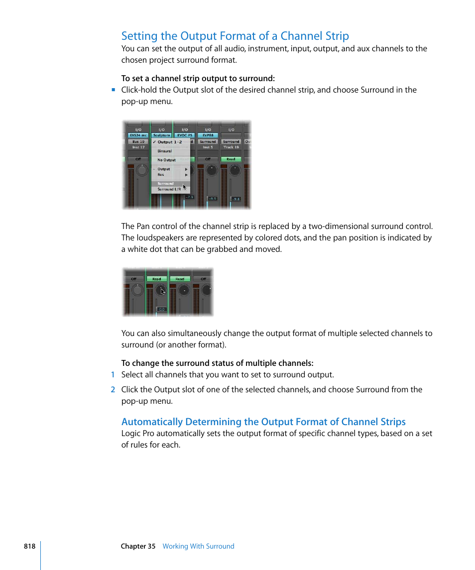 Setting the output format of a channel strip | Apple Logic Pro 8 User Manual | Page 818 / 1030
