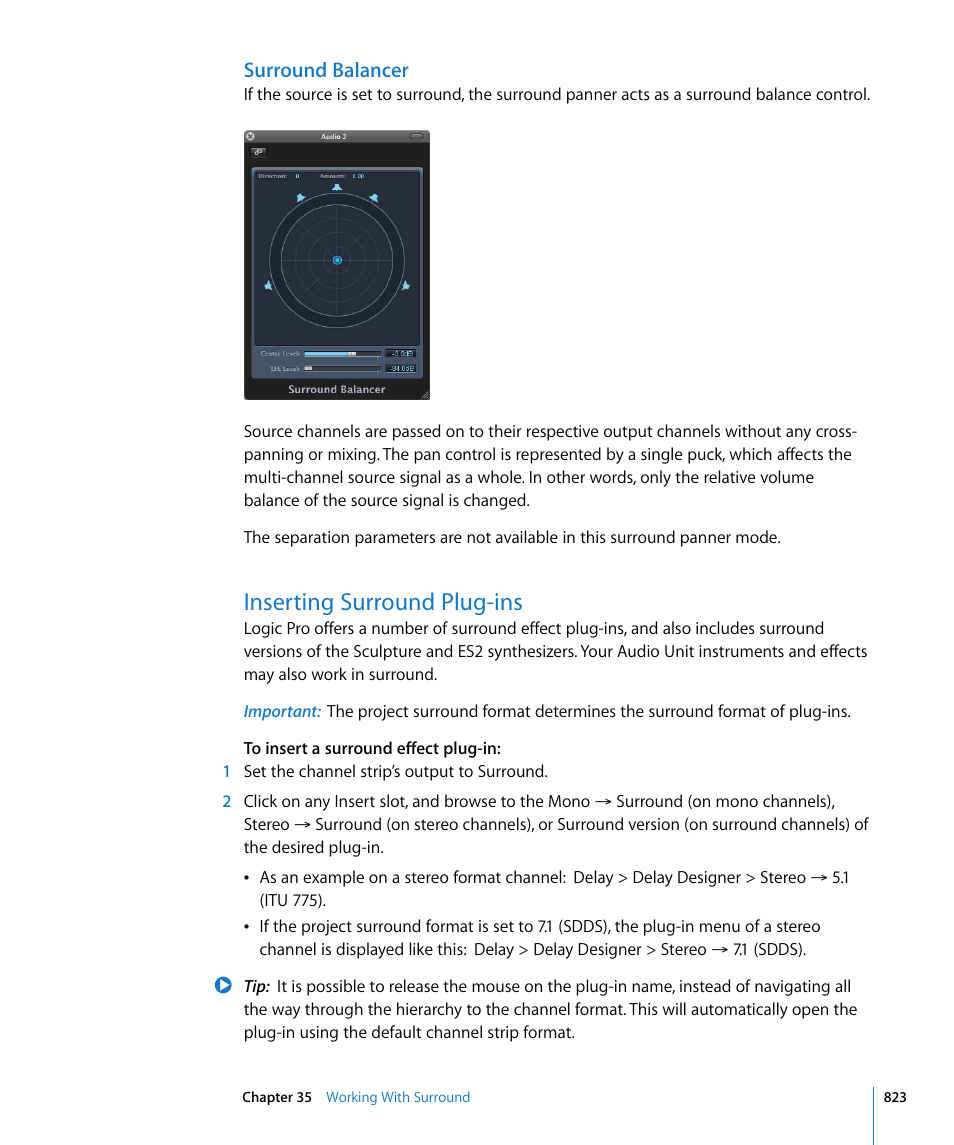 Surround balancer, Inserting surround plug-ins | Apple Logic Pro 8 User Manual | Page 823 / 1030