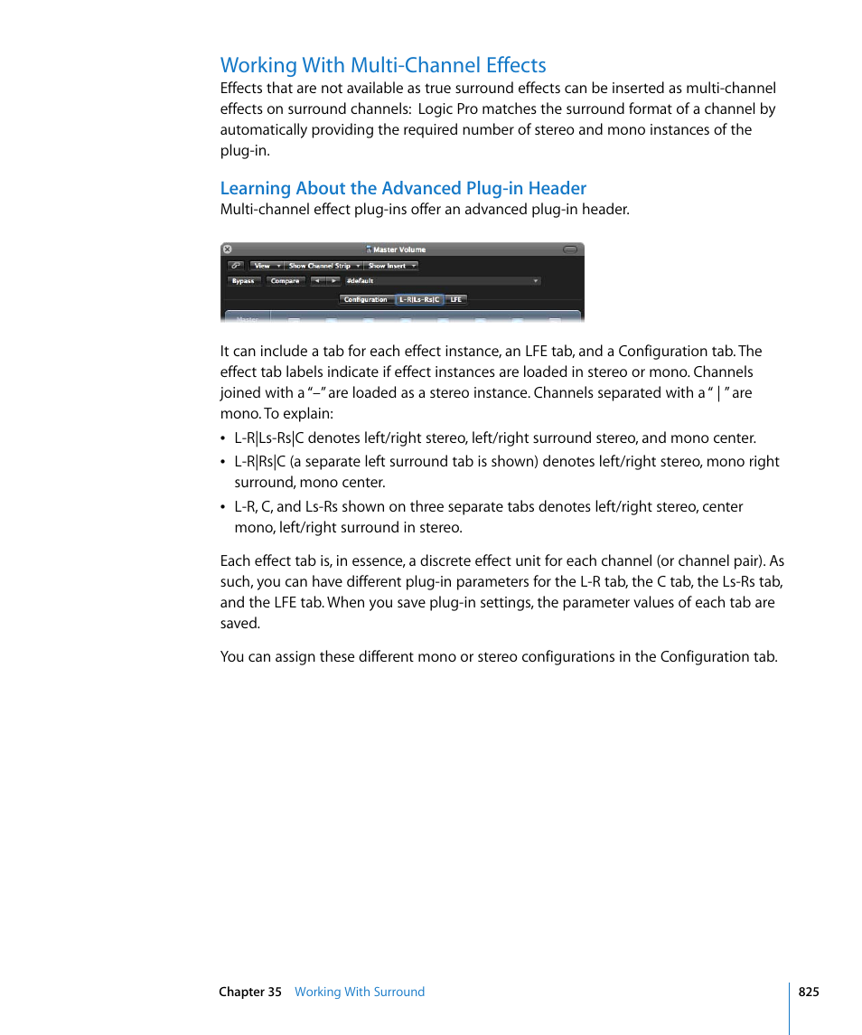 Working with multi-channel effects, Learning about the advanced plug-in header | Apple Logic Pro 8 User Manual | Page 825 / 1030