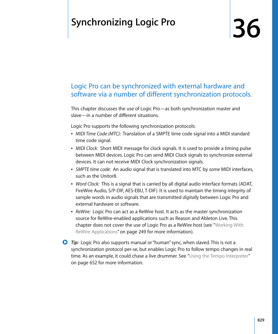 Synchronizing logic pro, Chapter 36 | Apple Logic Pro 8 User Manual | Page 829 / 1030