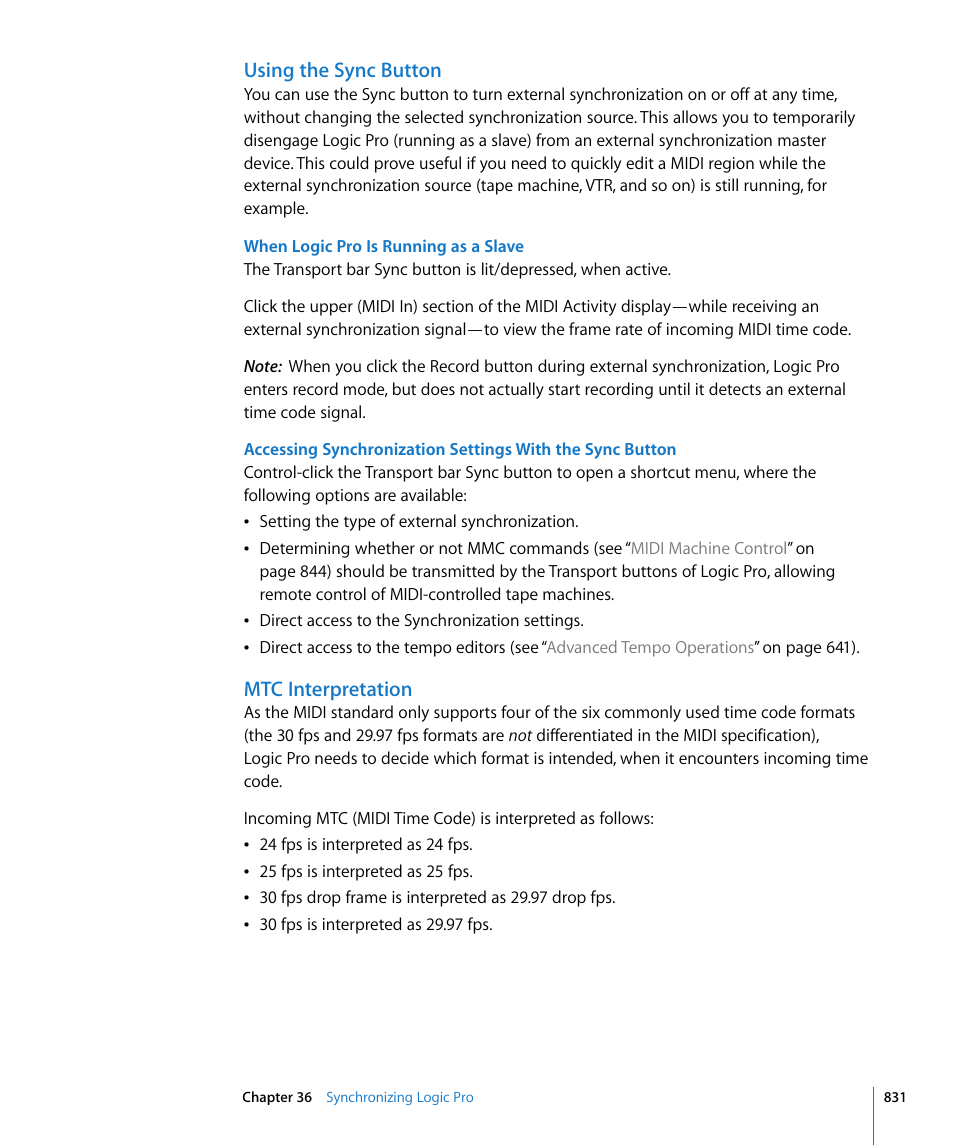 Using the sync button, Mtc interpretation | Apple Logic Pro 8 User Manual | Page 831 / 1030
