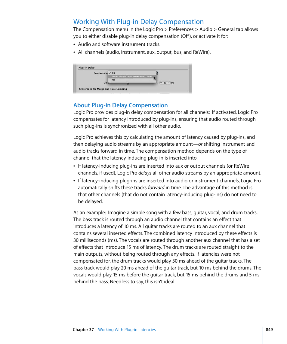 Working with plug-in delay compensation, About plug-in delay compensation | Apple Logic Pro 8 User Manual | Page 849 / 1030