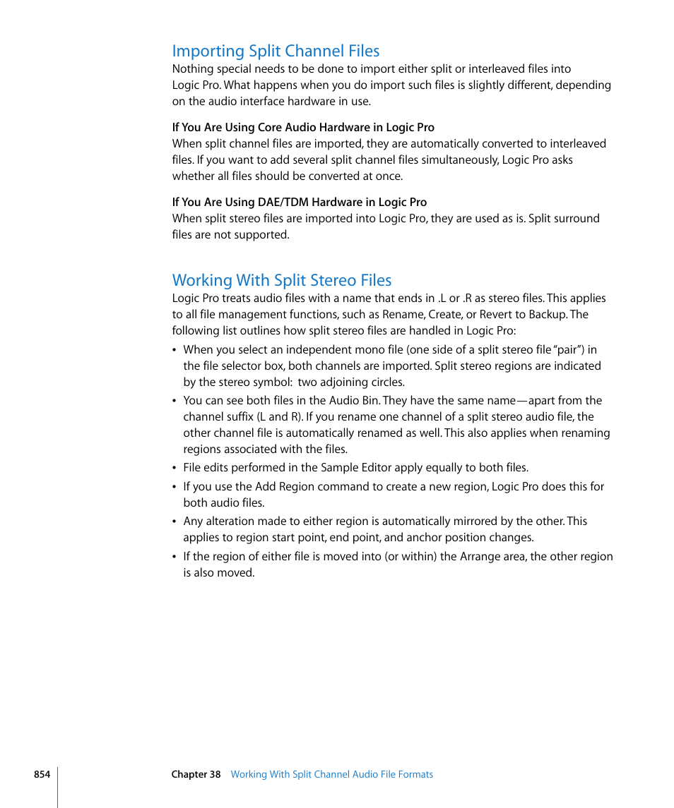 Importing split channel files, Working with split stereo files | Apple Logic Pro 8 User Manual | Page 854 / 1030