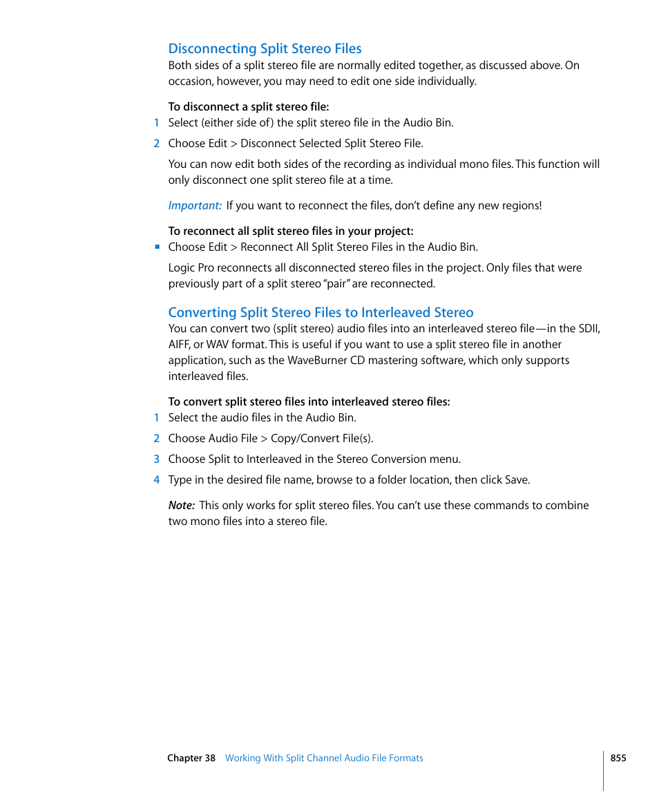 Disconnecting split stereo files | Apple Logic Pro 8 User Manual | Page 855 / 1030
