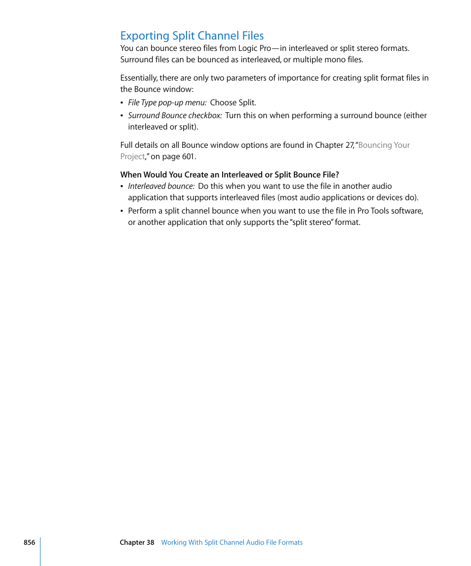 Exporting split channel files | Apple Logic Pro 8 User Manual | Page 856 / 1030