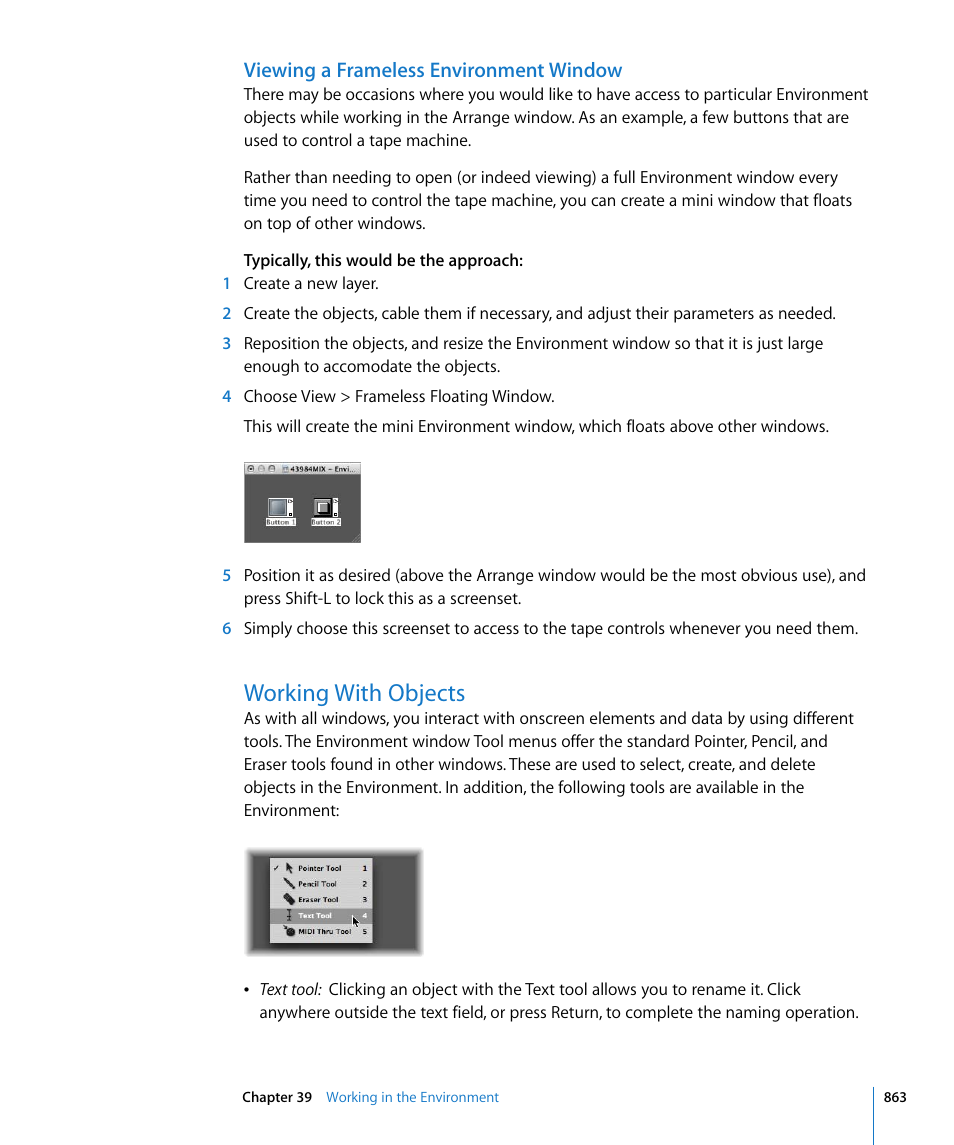 Viewing a frameless environment window, Working with objects | Apple Logic Pro 8 User Manual | Page 863 / 1030
