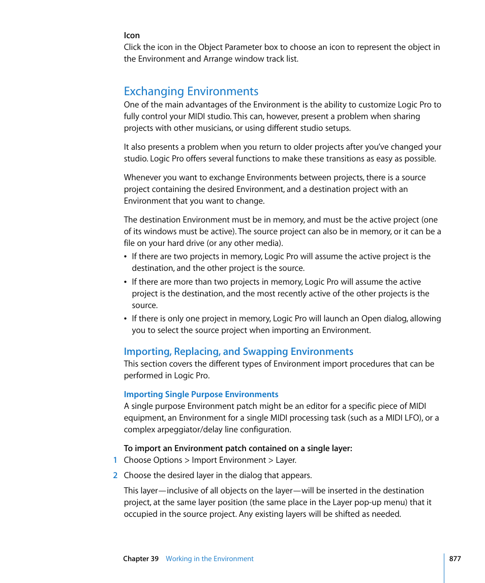 Exchanging environments, Importing, replacing, and swapping environments | Apple Logic Pro 8 User Manual | Page 877 / 1030