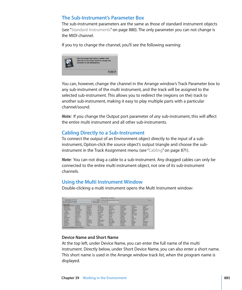 The sub-instrument’s parameter box, Cabling directly to a sub-instrument, Using the multi instrument window | Ound, Using the, Multi instrument window | Apple Logic Pro 8 User Manual | Page 885 / 1030