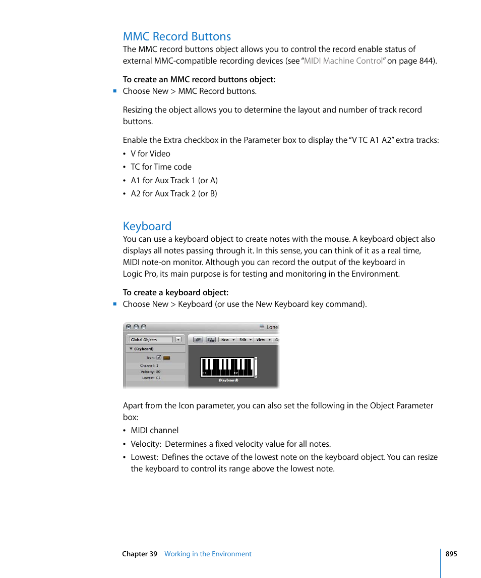 Mmc record buttons, Keyboard | Apple Logic Pro 8 User Manual | Page 895 / 1030