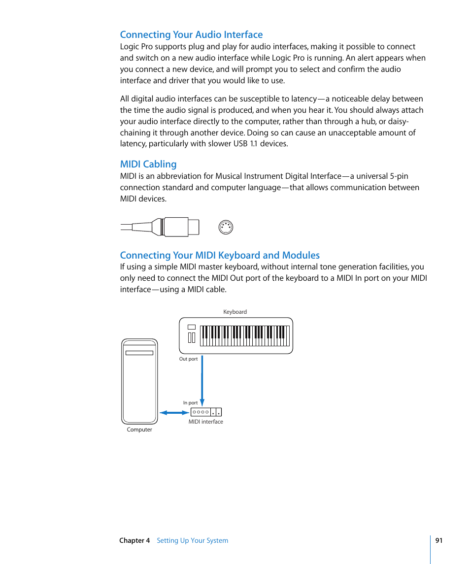 Connecting your audio interface, Midi cabling, Connecting your midi keyboard and modules | Apple Logic Pro 8 User Manual | Page 91 / 1030