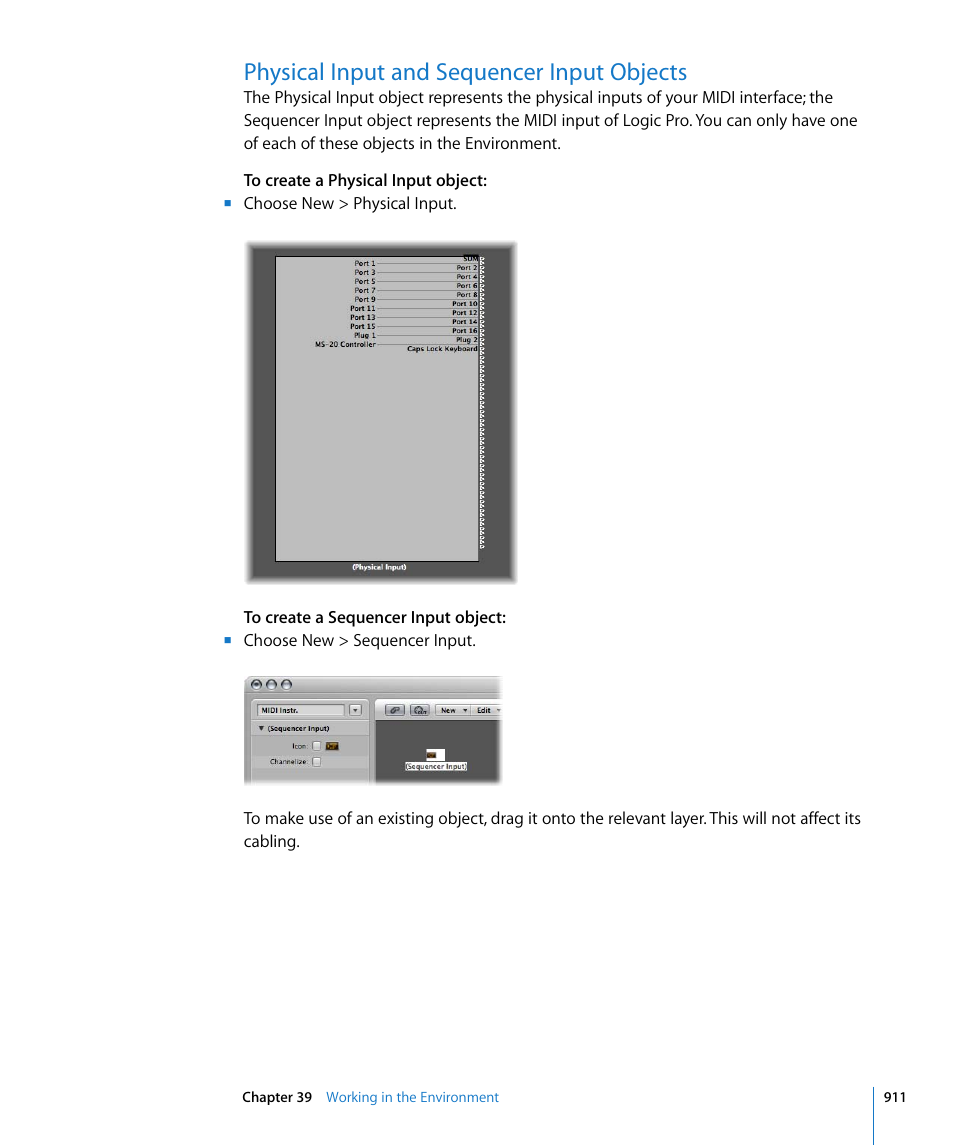Physical input and sequencer input objects, Er input (see, T (see | Physical input and, Sequencer input objects | Apple Logic Pro 8 User Manual | Page 911 / 1030