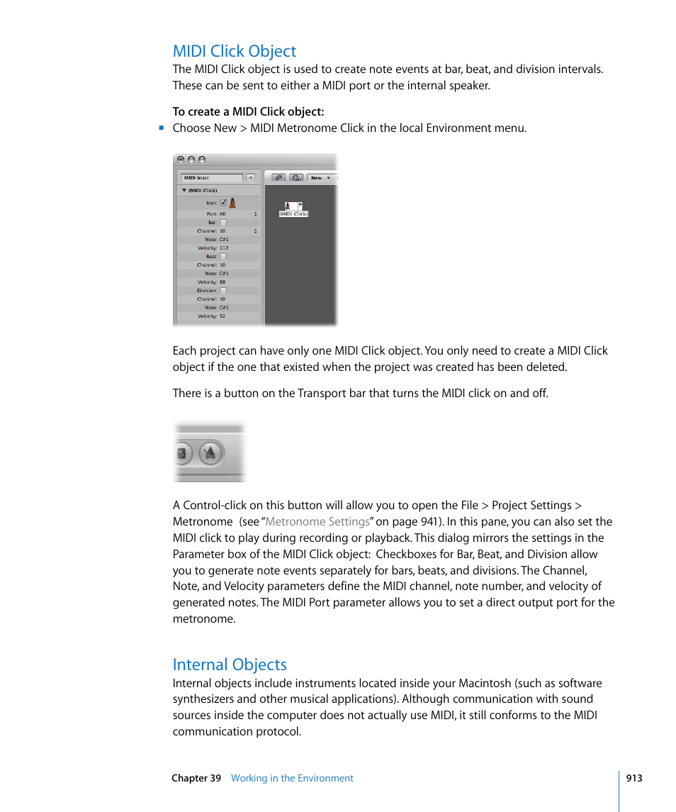 Midi click object, Internal objects | Apple Logic Pro 8 User Manual | Page 913 / 1030