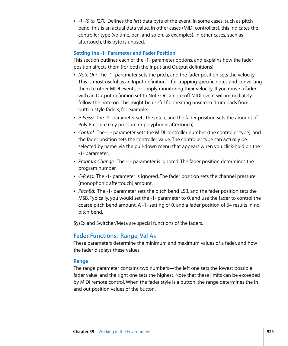 Fader functions: range, val as | Apple Logic Pro 8 User Manual | Page 925 / 1030