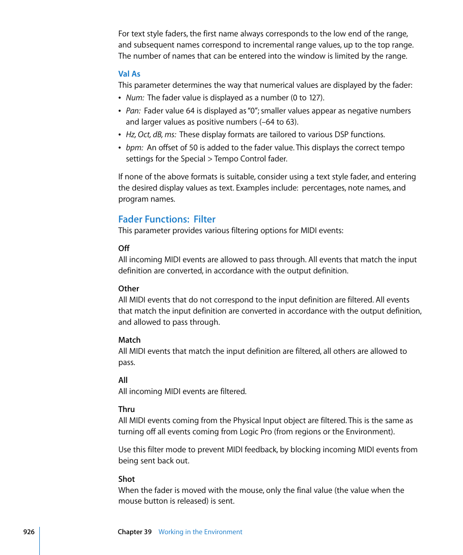 Fader functions: filter | Apple Logic Pro 8 User Manual | Page 926 / 1030