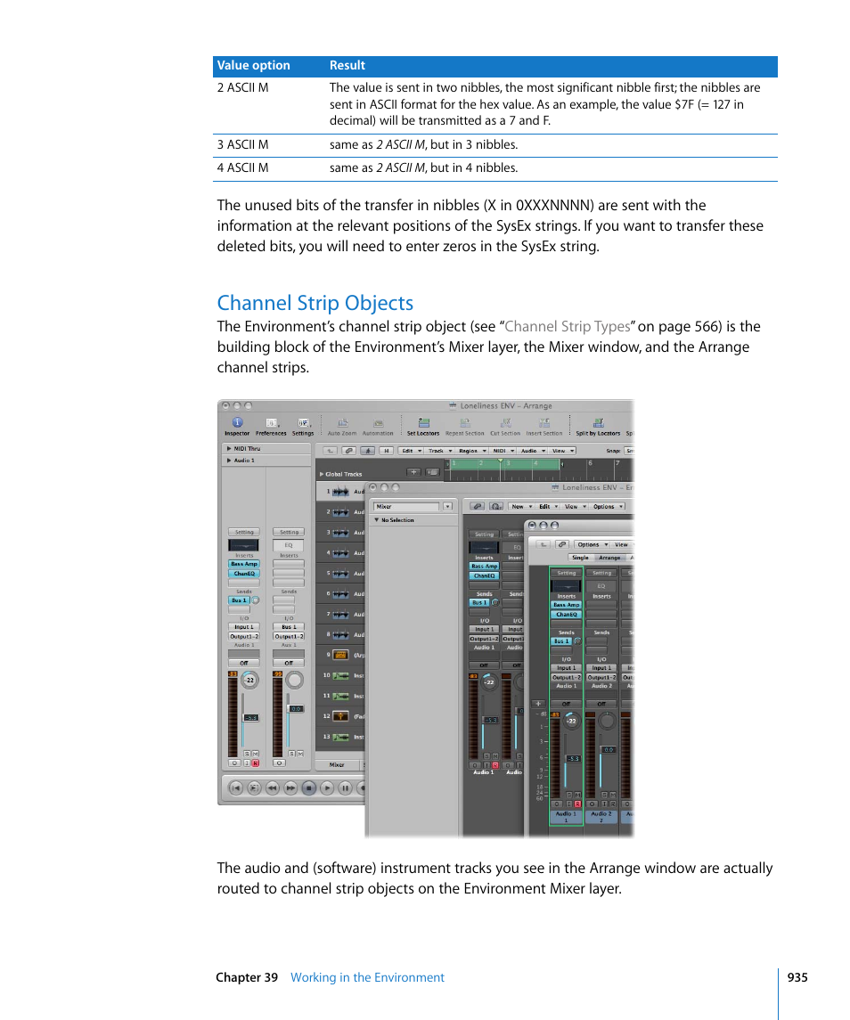 Channel strip objects, Wn in the table—input and bus (see, Channel | Strip objects | Apple Logic Pro 8 User Manual | Page 935 / 1030