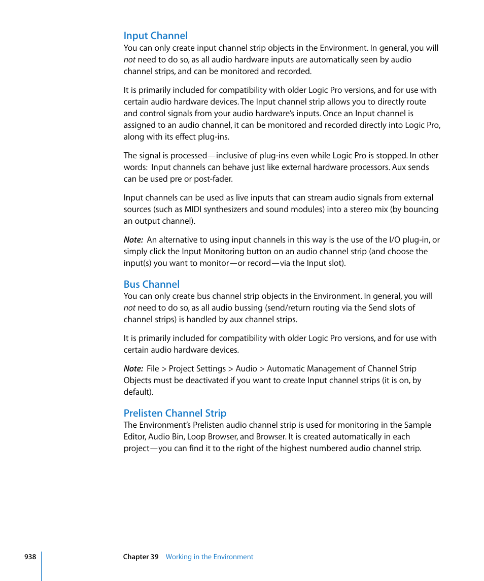 Input channel, Bus channel, Prelisten channel strip | Apple Logic Pro 8 User Manual | Page 938 / 1030