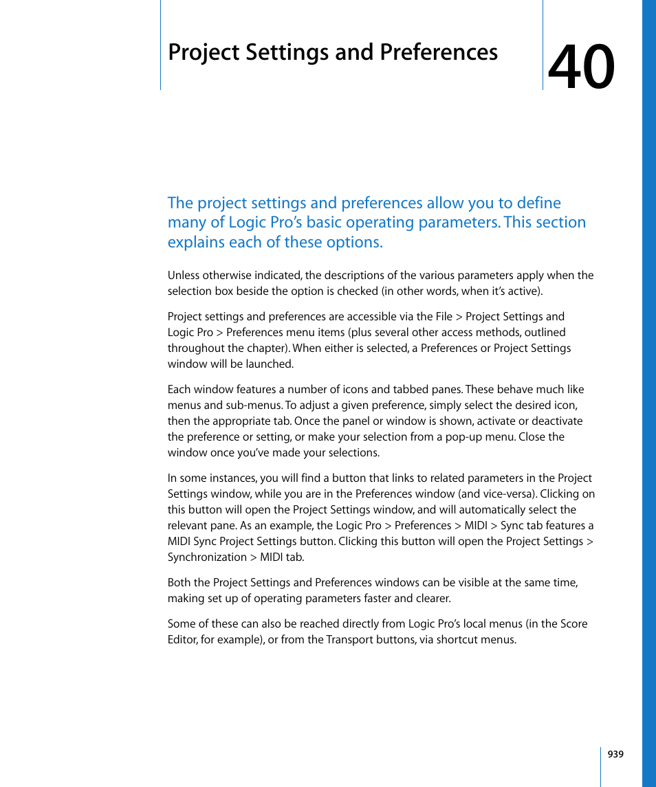 Project settings and preferences, Chapter 40 | Apple Logic Pro 8 User Manual | Page 939 / 1030