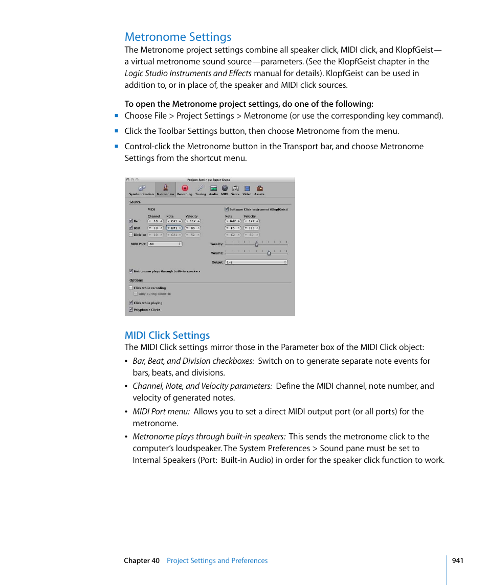 Metronome settings, Midi click settings, Please see | Metronome, Settings | Apple Logic Pro 8 User Manual | Page 941 / 1030