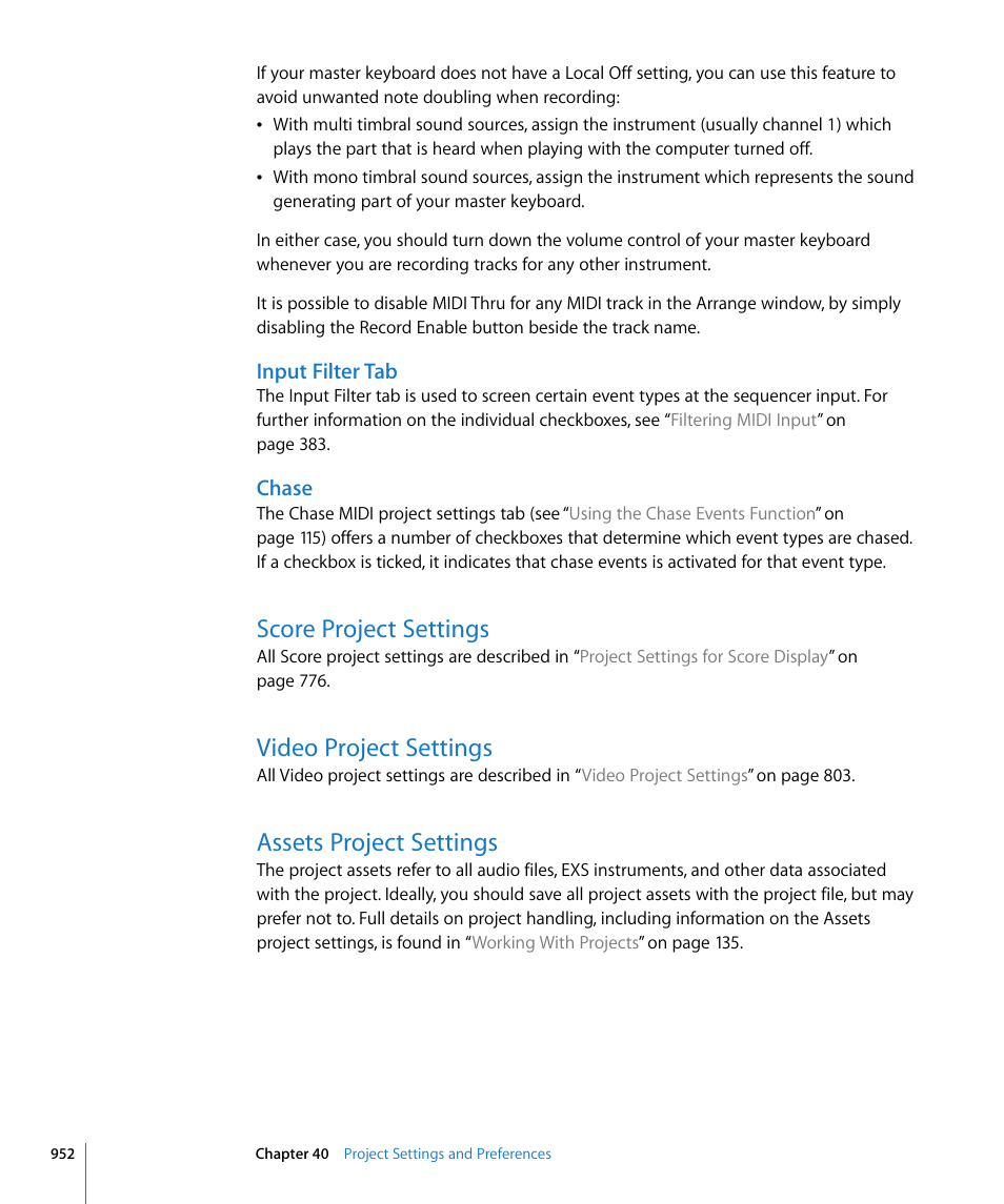 Input filter tab, Chase, Score project settings | Video project settings, Assets project settings | Apple Logic Pro 8 User Manual | Page 952 / 1030