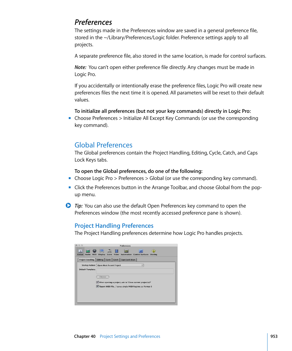 Preferences, Global preferences, Project handling preferences | Apple Logic Pro 8 User Manual | Page 953 / 1030