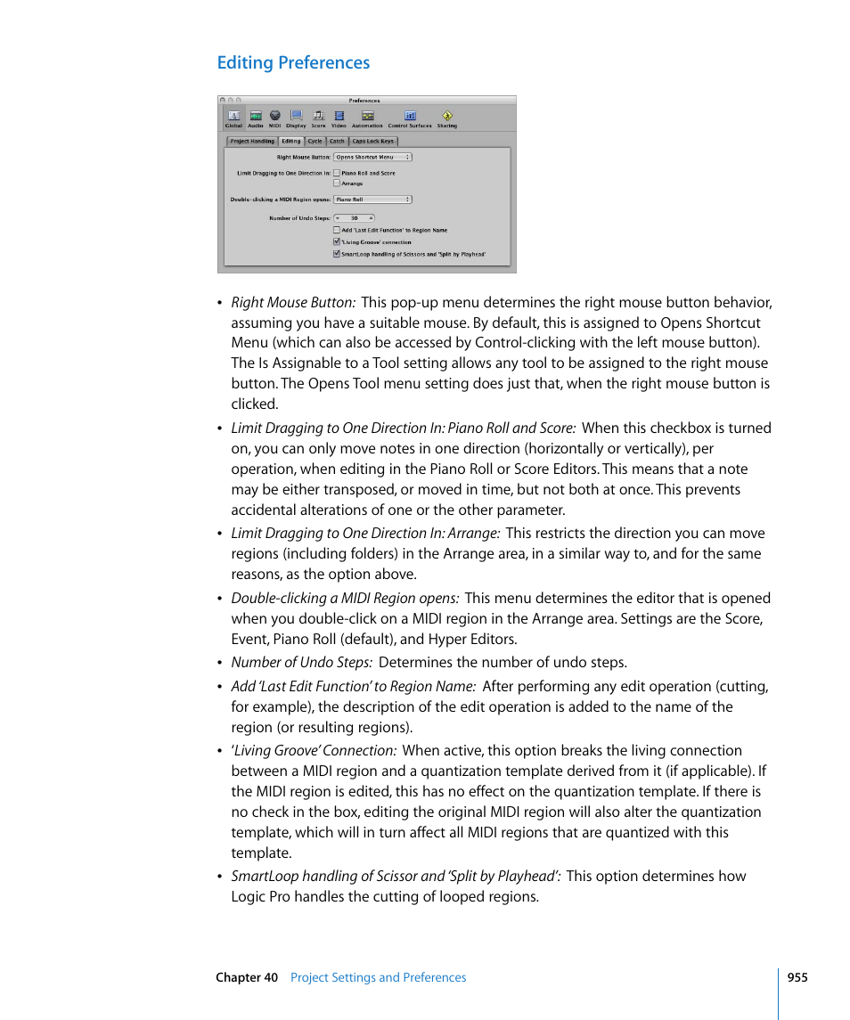 Editing preferences | Apple Logic Pro 8 User Manual | Page 955 / 1030