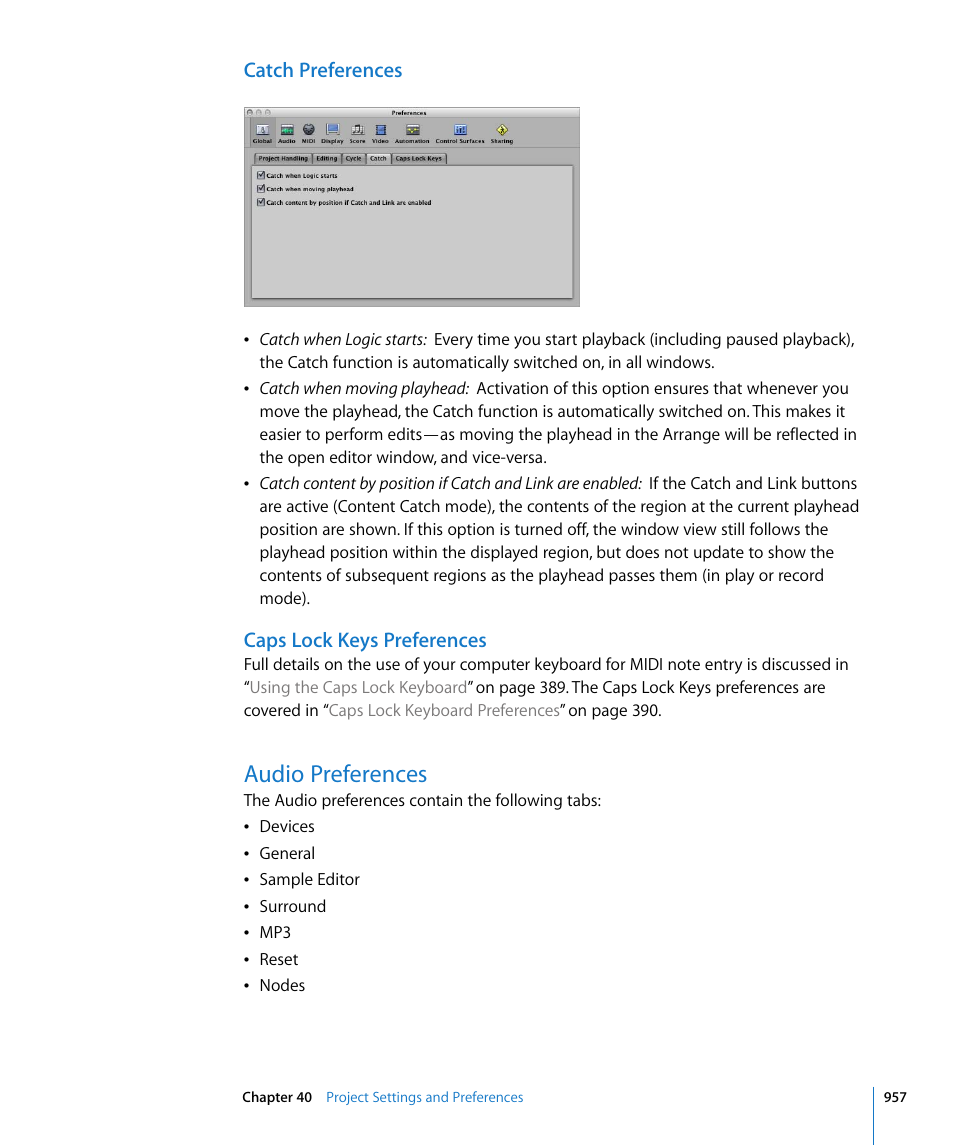 Catch preferences, Caps lock keys preferences, Audio preferences | Apple Logic Pro 8 User Manual | Page 957 / 1030